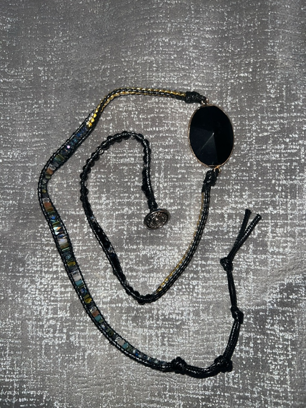Black Stone and Iridescent Bead Triple Wrap Bracelet
